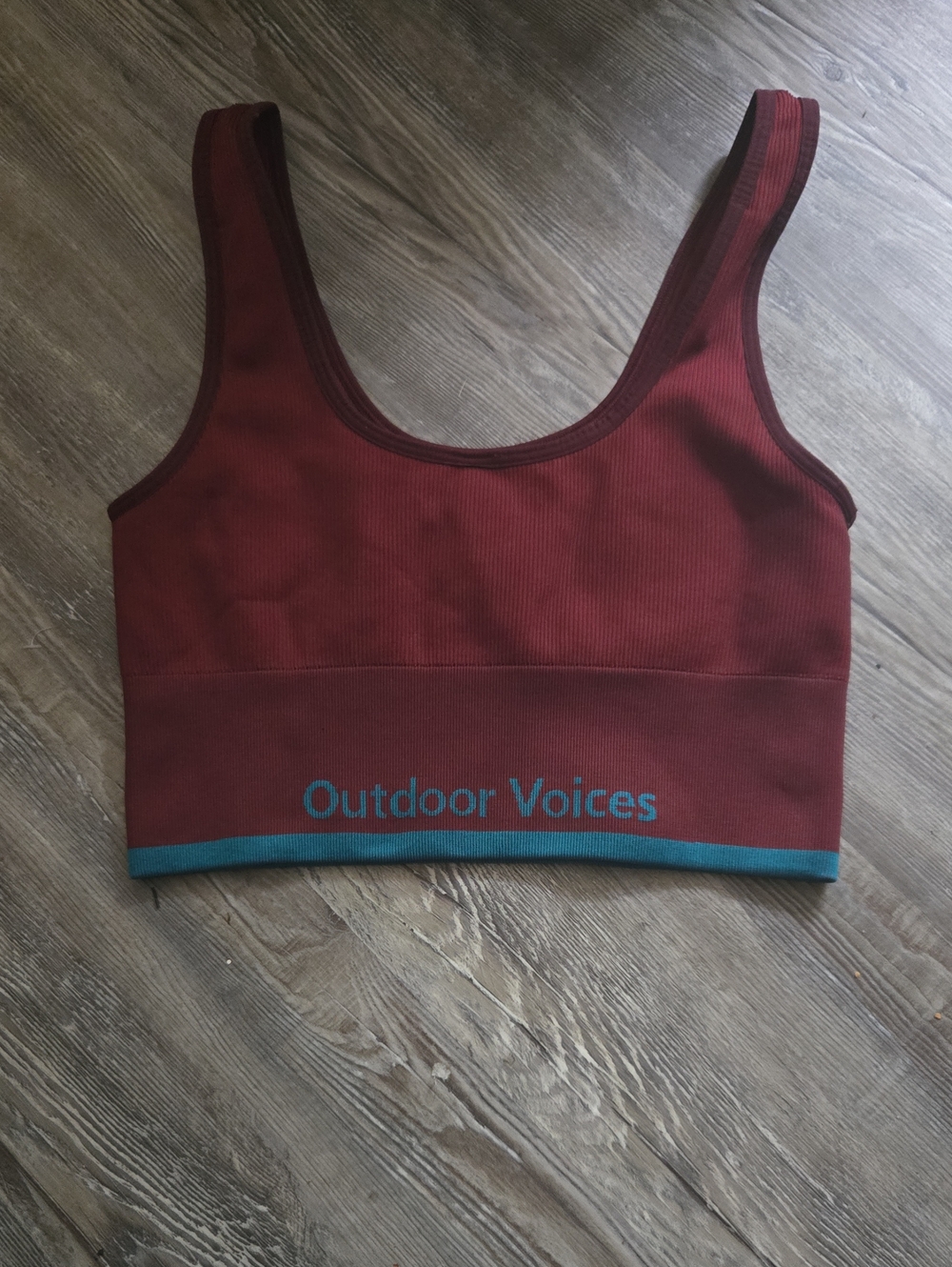 Outdoor Voices Burgundy Ribbed Crop Sports Bra with Teal Trim